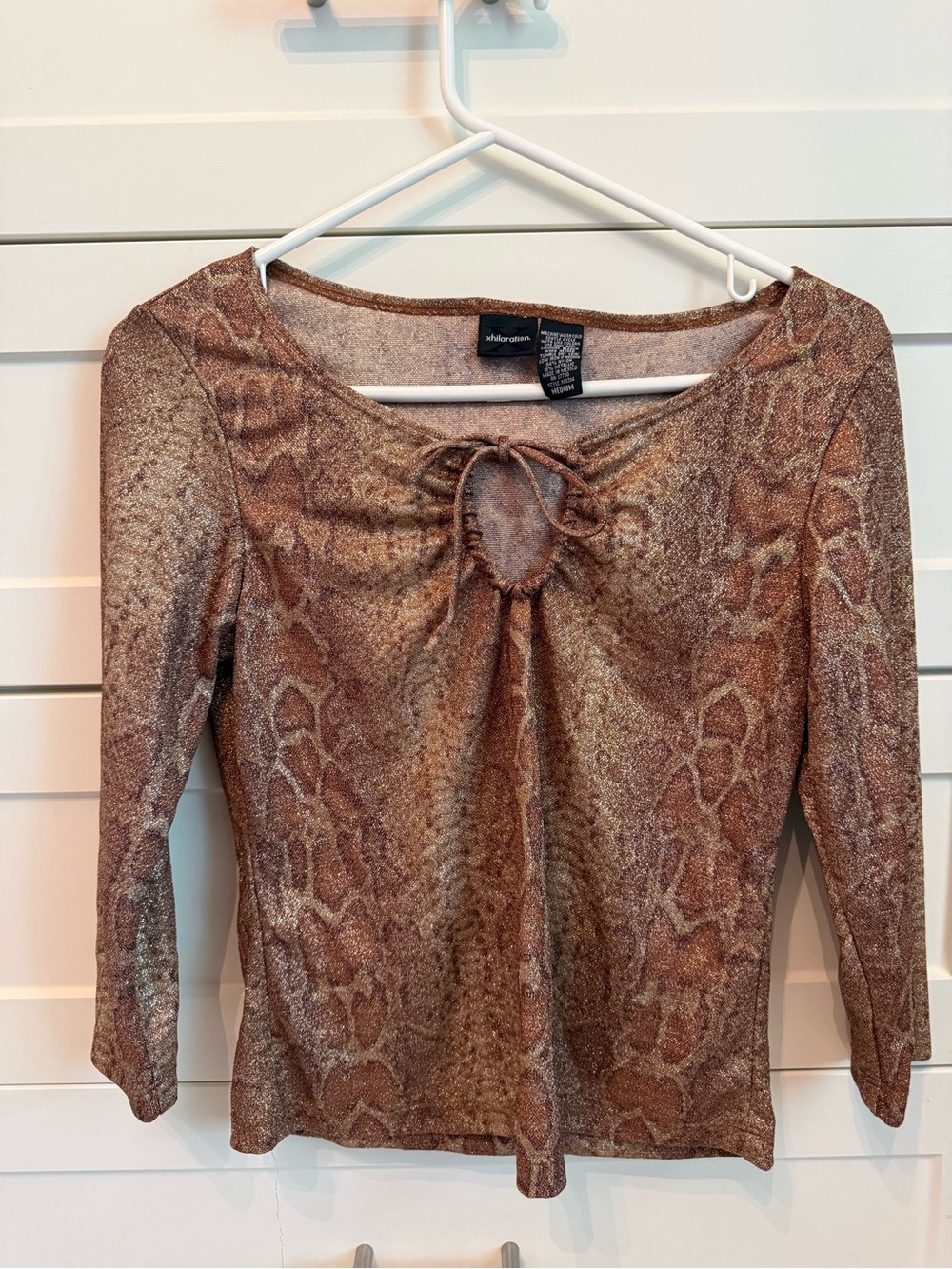 Xhilaration Brown Snake-Print Keyhole 3/4-Sleeve Top